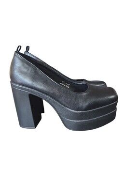 Black Chunky Double Platform Pumps Block Heel Goth Y2K Slip On Sz 41 Or